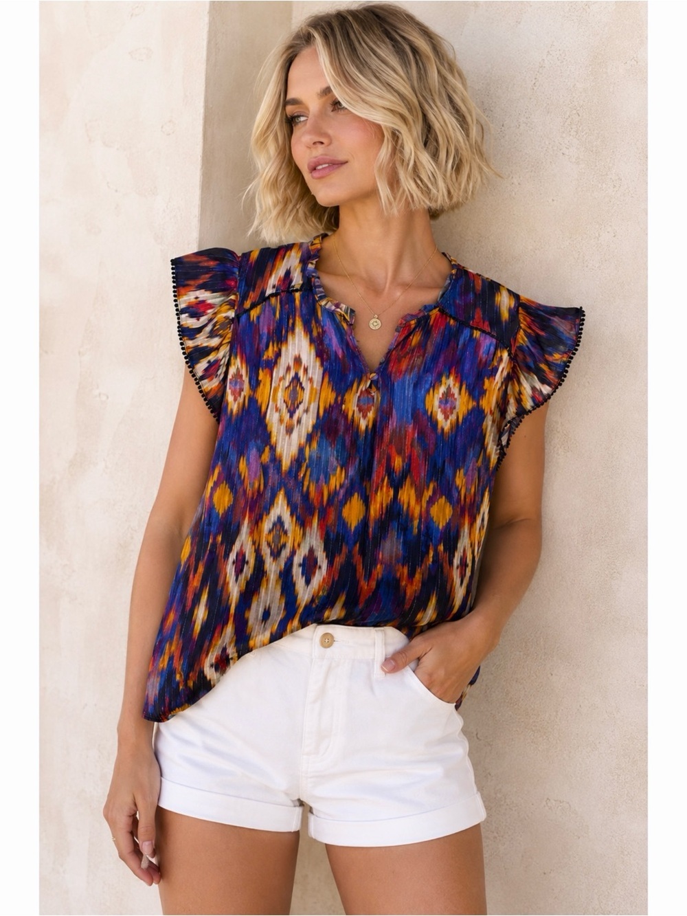 Cupio Blush Boho Ikat Metallic Ruffle Top Womens Plus 2X Festival Chic Blouse